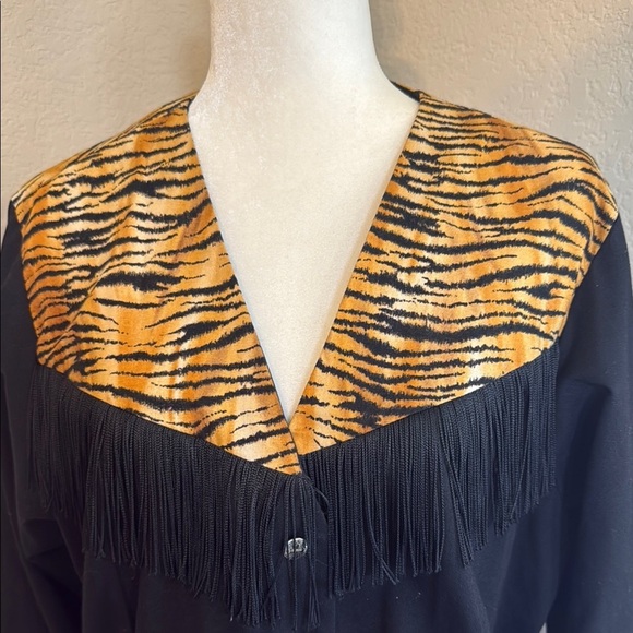 Banjo Vintage Western Tiger Print Fringe Rodeo Women's Top Dallas - Picture 2 of 8